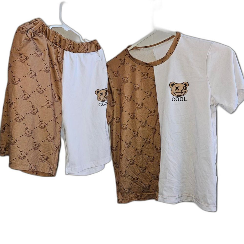 Kids COOL Bear Print 2-Piece Set Tan White Split Tee and Shorts Size M